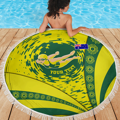 Personalized Australia Swimming Champion Beach Blanket Freestyle Swimmer With Swirling Wave And Cultural Patterns