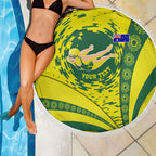 Personalized Australia Swimming Champion Beach Blanket Freestyle Swimmer With Swirling Wave And Cultural Patterns