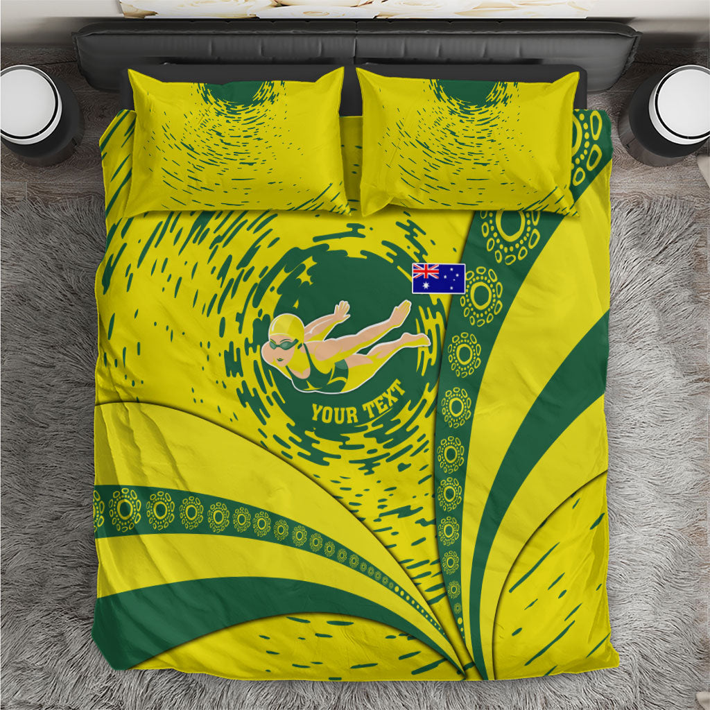 Personalized Australia Swimming Champion Bedding Set Freestyle Swimmer With Swirling Wave And Cultural Patterns