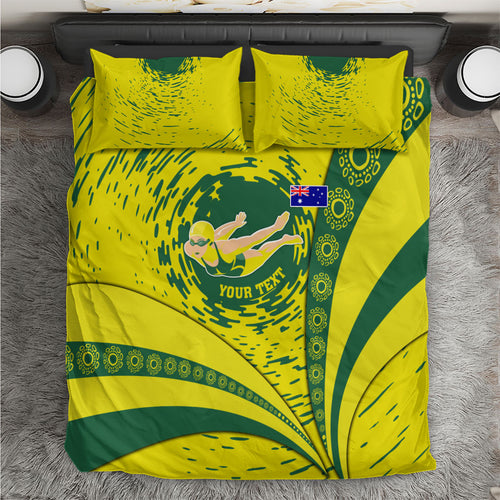 Personalized Australia Swimming Champion Bedding Set Freestyle Swimmer With Swirling Wave And Cultural Patterns