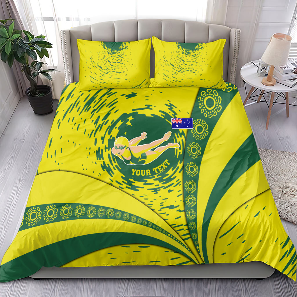 Personalized Australia Swimming Champion Bedding Set Freestyle Swimmer With Swirling Wave And Cultural Patterns