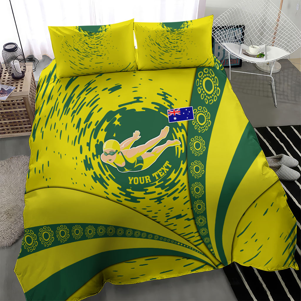 Personalized Australia Swimming Champion Bedding Set Freestyle Swimmer With Swirling Wave And Cultural Patterns