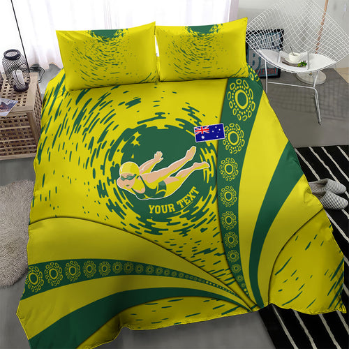 Personalized Australia Swimming Champion Bedding Set Freestyle Swimmer With Swirling Wave And Cultural Patterns
