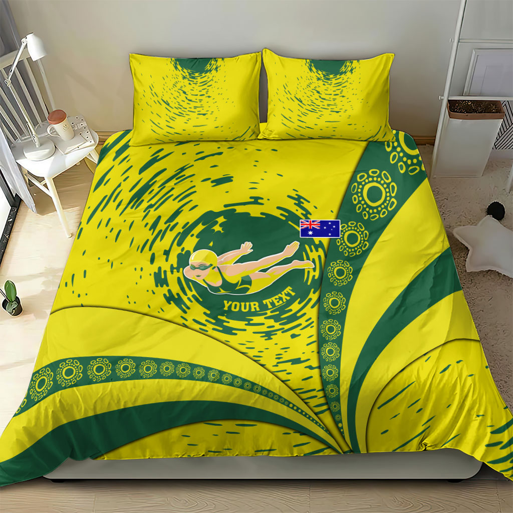 Personalized Australia Swimming Champion Bedding Set Freestyle Swimmer With Swirling Wave And Cultural Patterns