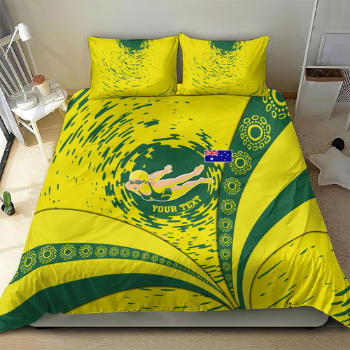 Personalized Australia Swimming Champion Bedding Set Freestyle Swimmer With Swirling Wave And Cultural Patterns