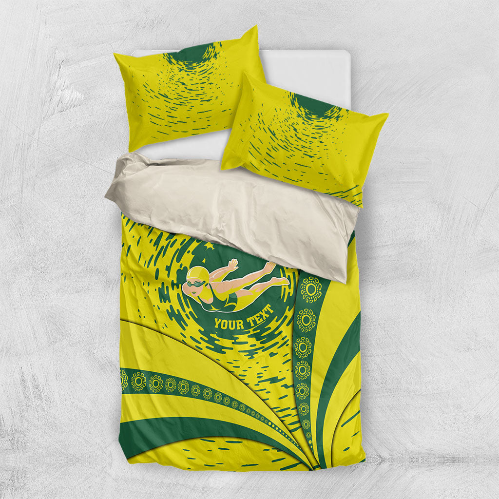 Personalized Australia Swimming Champion Bedding Set Freestyle Swimmer With Swirling Wave And Cultural Patterns