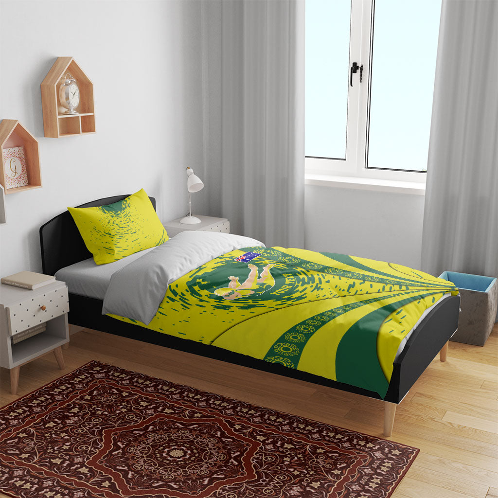Personalized Australia Swimming Champion Bedding Set Freestyle Swimmer With Swirling Wave And Cultural Patterns