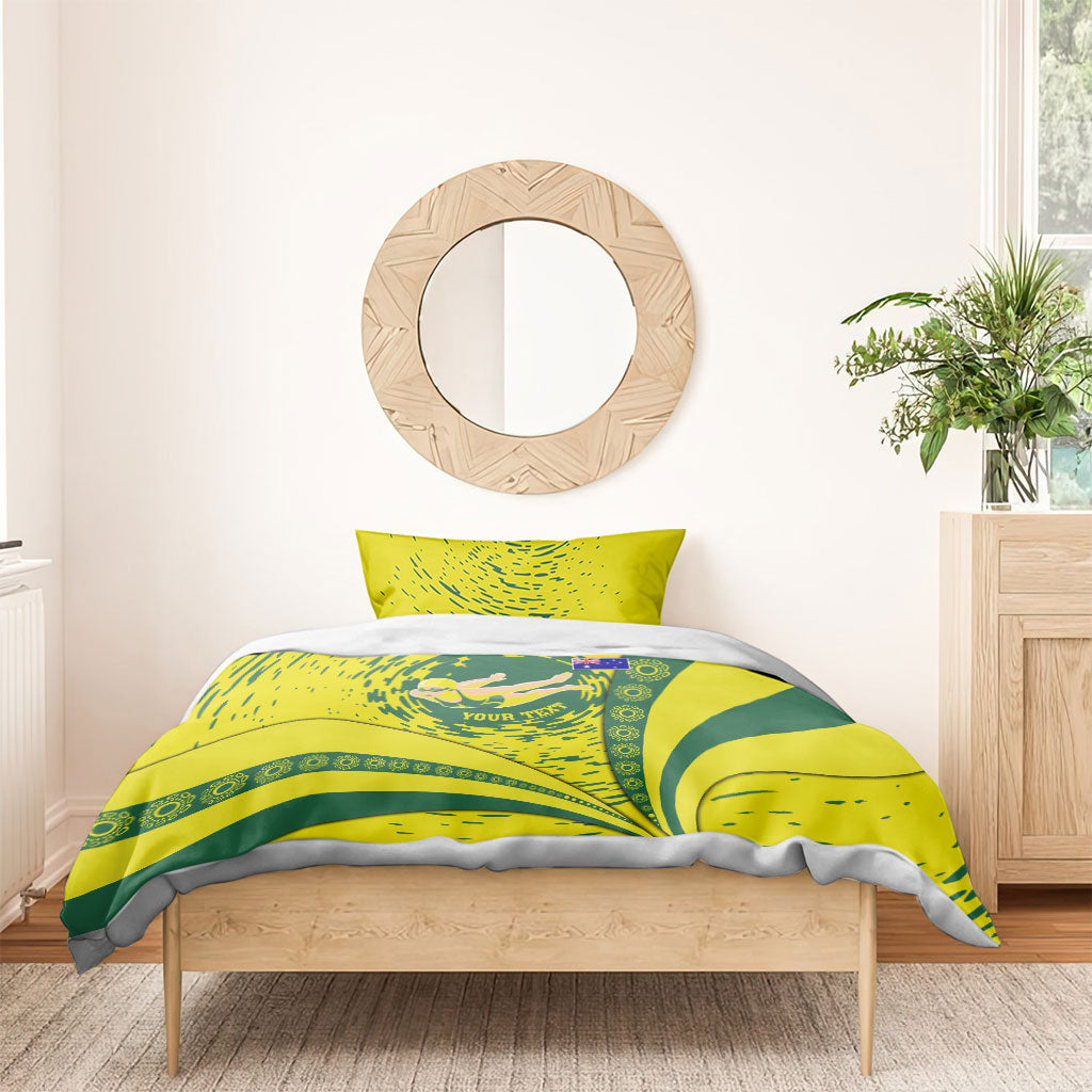 Personalized Australia Swimming Champion Bedding Set Freestyle Swimmer With Swirling Wave And Cultural Patterns