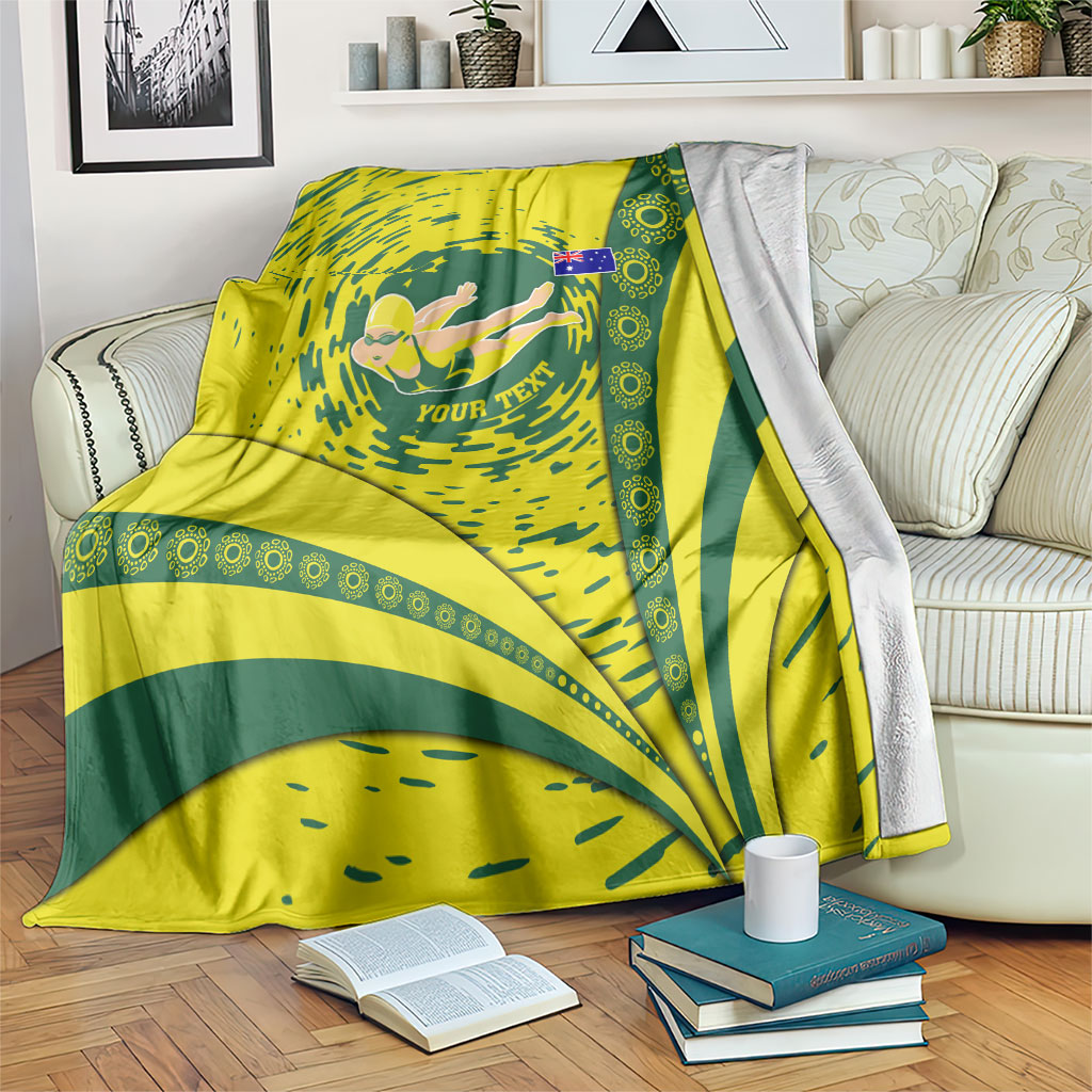 Personalized Australia Swimming Champion Blanket Freestyle Swimmer With Swirling Wave And Cultural Patterns