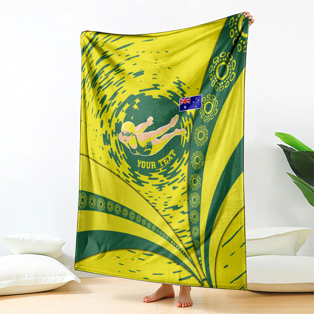 Personalized Australia Swimming Champion Blanket Freestyle Swimmer With Swirling Wave And Cultural Patterns