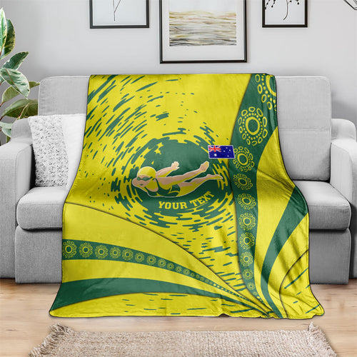Personalized Australia Swimming Champion Blanket Freestyle Swimmer With Swirling Wave And Cultural Patterns