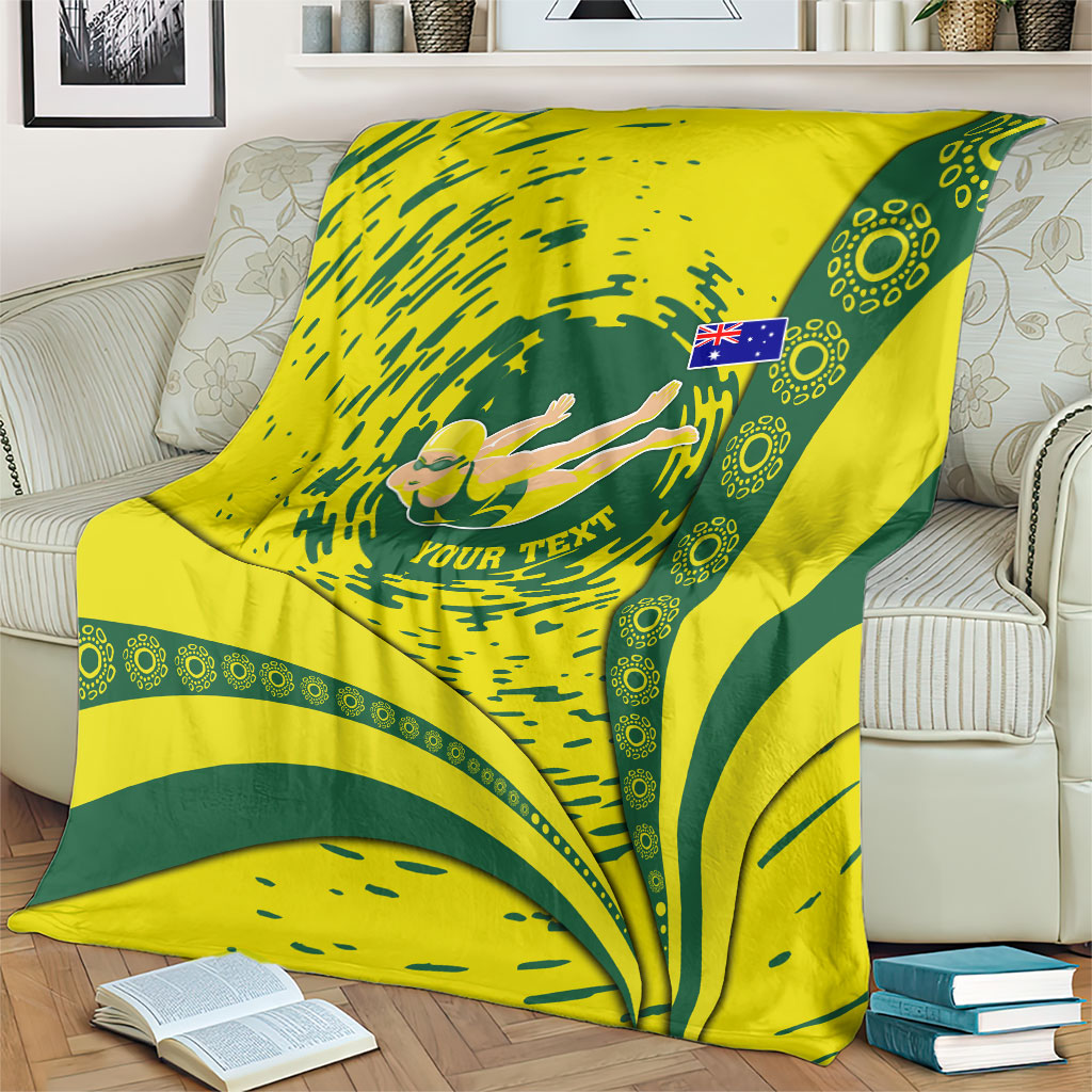 Personalized Australia Swimming Champion Blanket Freestyle Swimmer With Swirling Wave And Cultural Patterns