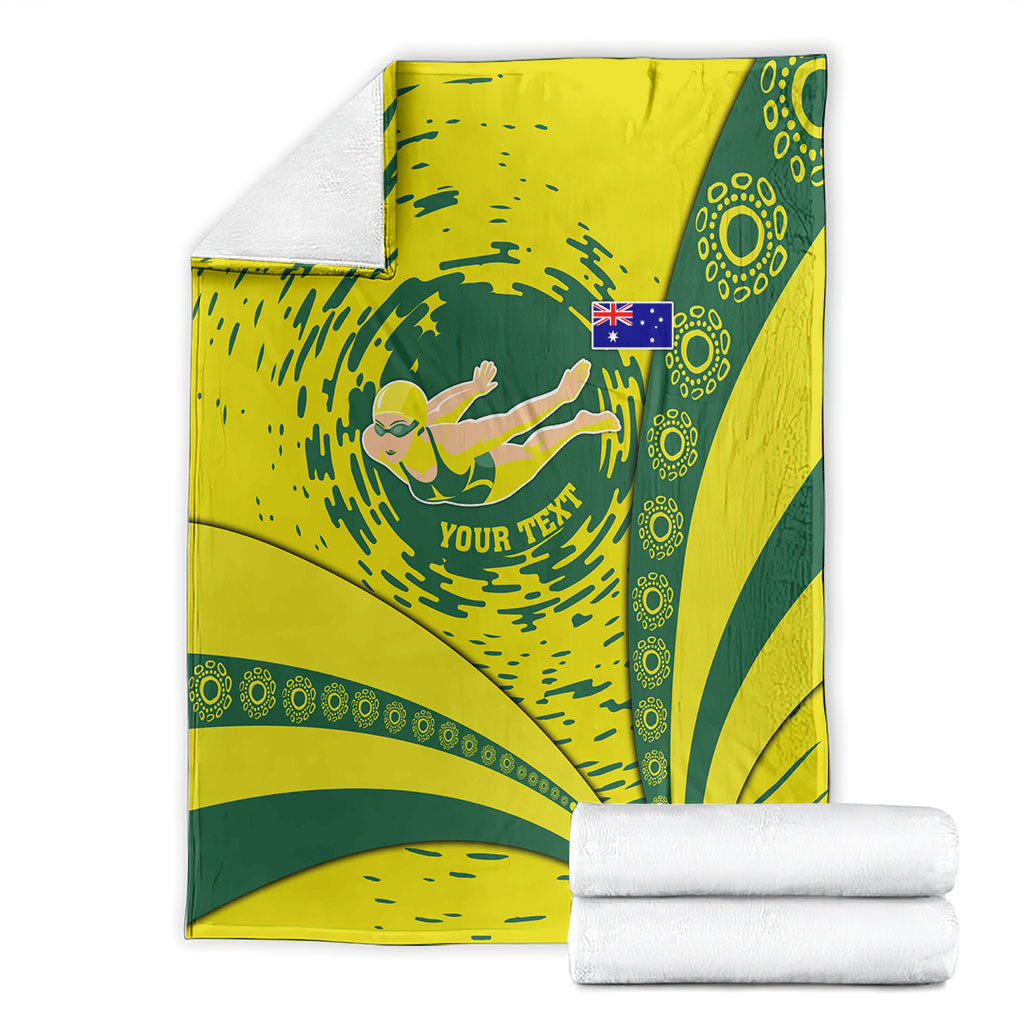 Personalized Australia Swimming Champion Blanket Freestyle Swimmer With Swirling Wave And Cultural Patterns