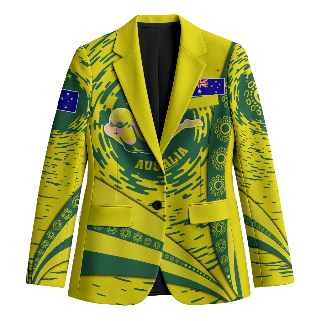 Personalized Australia Swimming Champion Blazer Freestyle Swimmer With Swirling Wave And Cultural Patterns