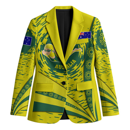 Personalized Australia Swimming Champion Blazer Freestyle Swimmer With Swirling Wave And Cultural Patterns