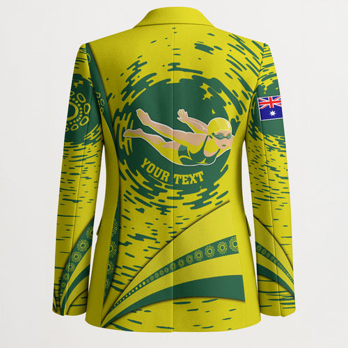 Personalized Australia Swimming Champion Blazer Freestyle Swimmer With Swirling Wave And Cultural Patterns