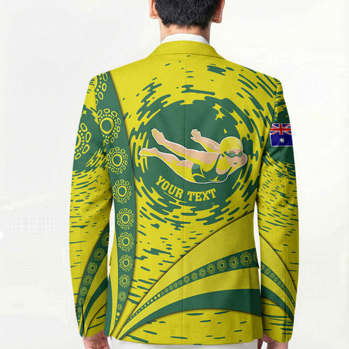 Personalized Australia Swimming Champion Blazer Freestyle Swimmer With Swirling Wave And Cultural Patterns
