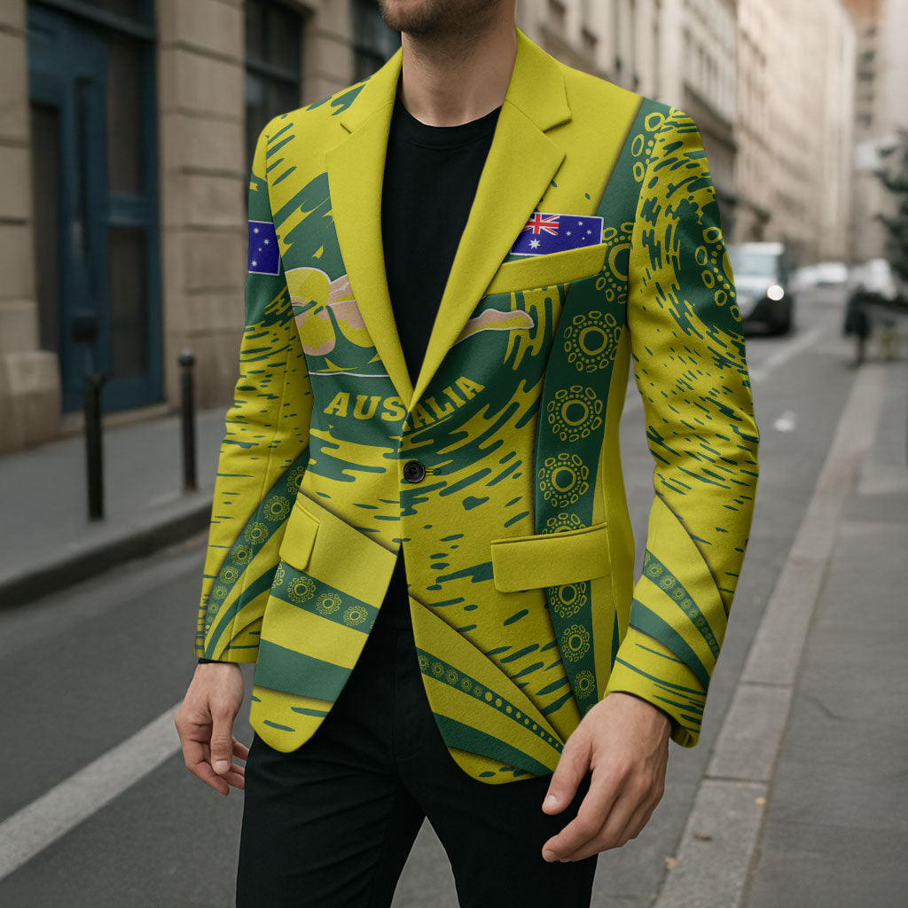 Personalized Australia Swimming Champion Blazer Freestyle Swimmer With Swirling Wave And Cultural Patterns