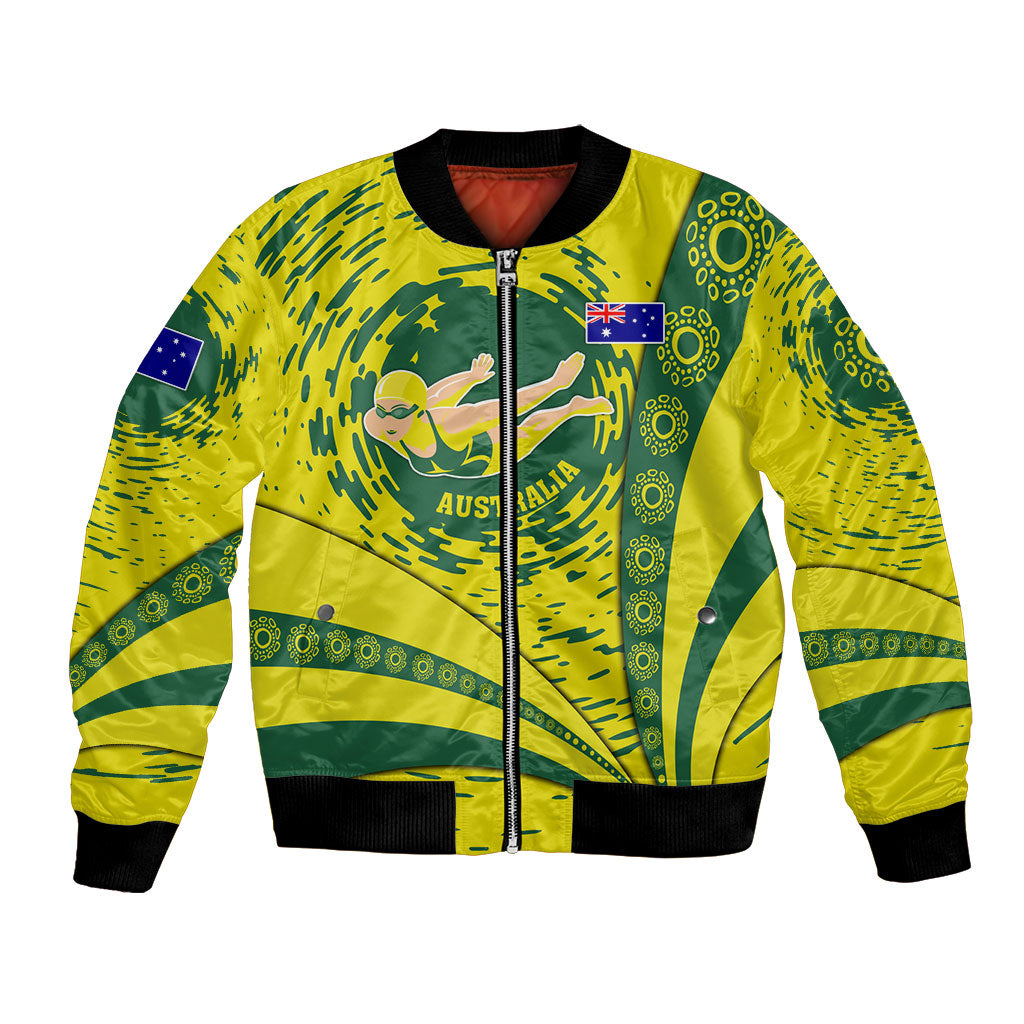 Personalized Australia Swimming Champion Bomber Jacket Freestyle Swimmer With Swirling Wave And Cultural Patterns