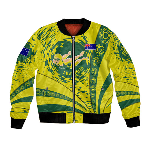 Personalized Australia Swimming Champion Bomber Jacket Freestyle Swimmer With Swirling Wave And Cultural Patterns
