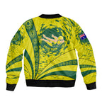 Personalized Australia Swimming Champion Bomber Jacket Freestyle Swimmer With Swirling Wave And Cultural Patterns