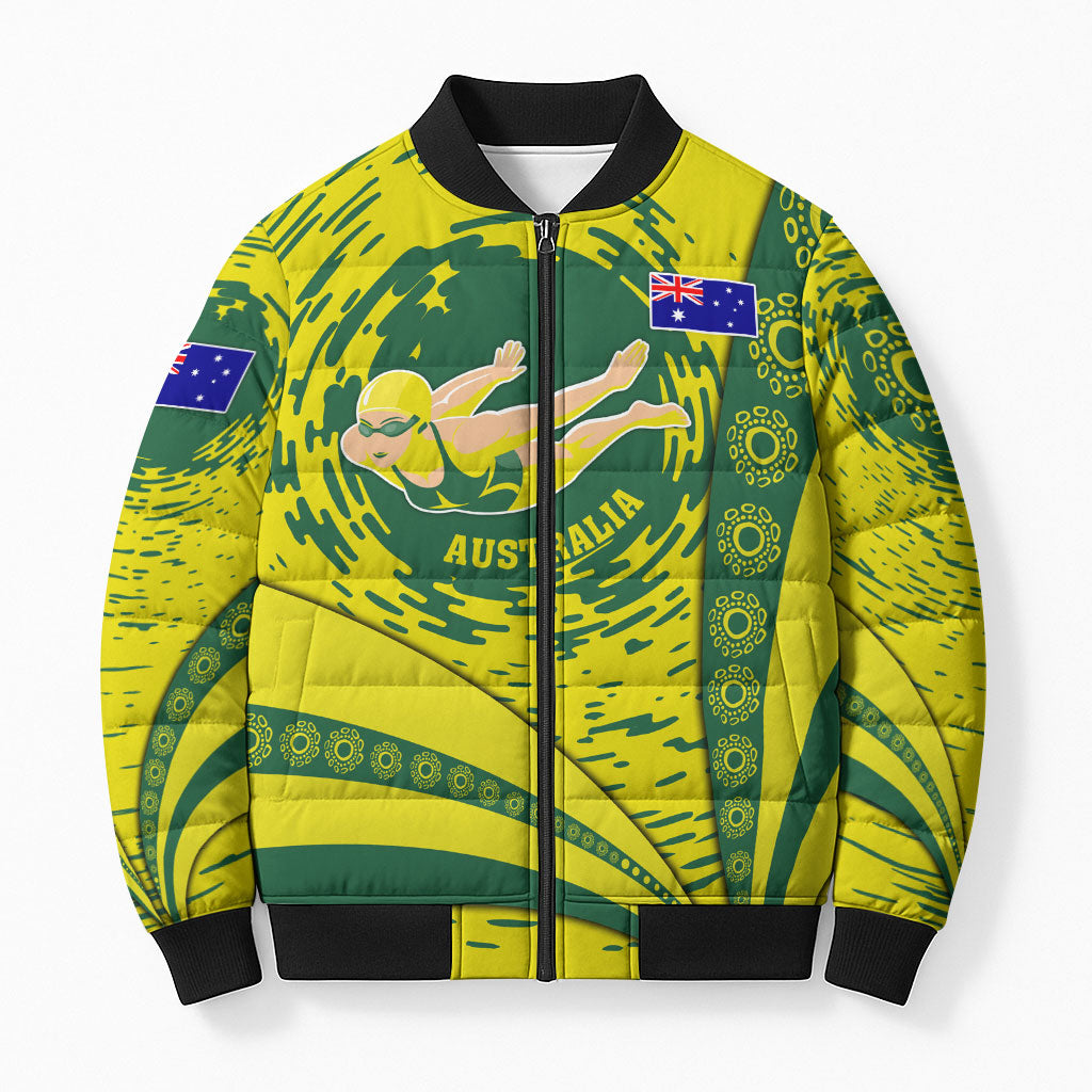 Personalized Australia Swimming Champion Bomber Puffer Jacket Freestyle Swimmer With Swirling Wave And Cultural Patterns