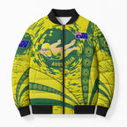 Personalized Australia Swimming Champion Bomber Puffer Jacket Freestyle Swimmer With Swirling Wave And Cultural Patterns