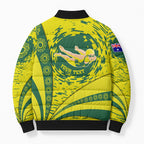 Personalized Australia Swimming Champion Bomber Puffer Jacket Freestyle Swimmer With Swirling Wave And Cultural Patterns