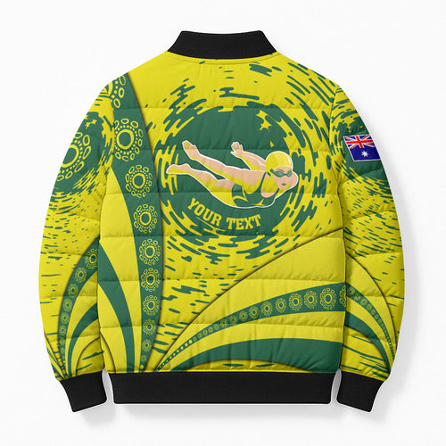 Personalized Australia Swimming Champion Bomber Puffer Jacket Freestyle Swimmer With Swirling Wave And Cultural Patterns