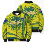 Personalized Australia Swimming Champion Bomber Puffer Jacket Freestyle Swimmer With Swirling Wave And Cultural Patterns