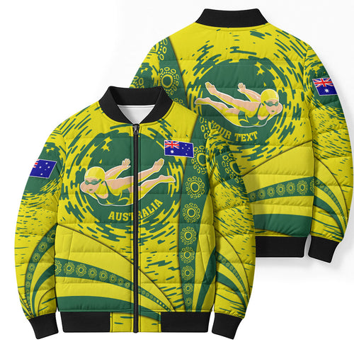 Personalized Australia Swimming Champion Bomber Puffer Jacket Freestyle Swimmer With Swirling Wave And Cultural Patterns