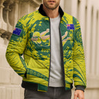 Personalized Australia Swimming Champion Bomber Puffer Jacket Freestyle Swimmer With Swirling Wave And Cultural Patterns