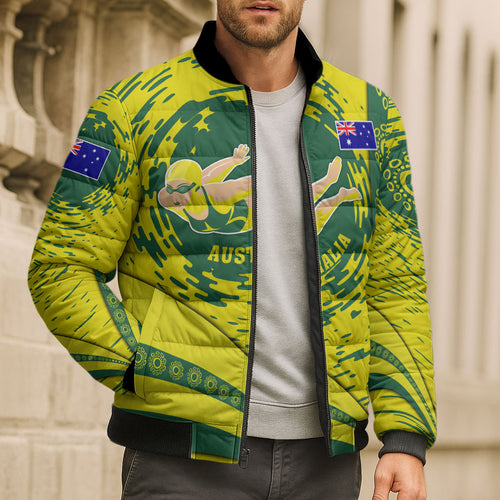 Personalized Australia Swimming Champion Bomber Puffer Jacket Freestyle Swimmer With Swirling Wave And Cultural Patterns