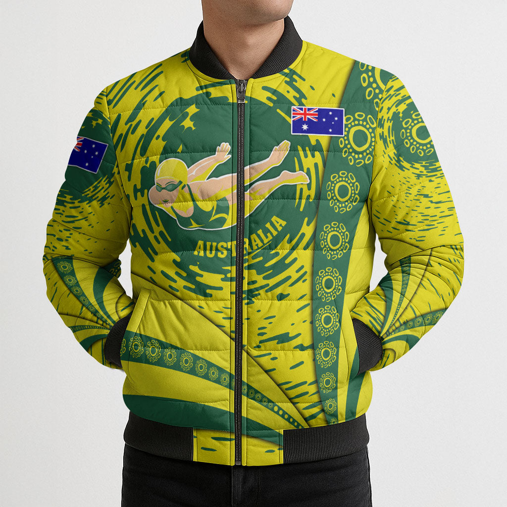 Personalized Australia Swimming Champion Bomber Puffer Jacket Freestyle Swimmer With Swirling Wave And Cultural Patterns