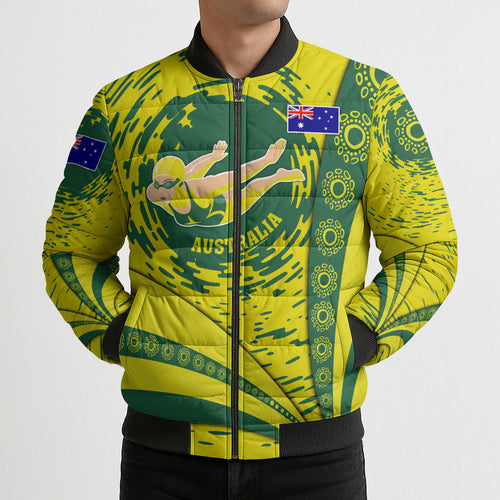 Personalized Australia Swimming Champion Bomber Puffer Jacket Freestyle Swimmer With Swirling Wave And Cultural Patterns