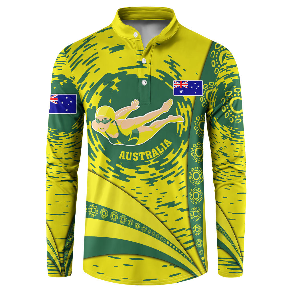 Personalized Australia Swimming Champion Button Sweatshirt Freestyle Swimmer With Swirling Wave And Cultural Patterns