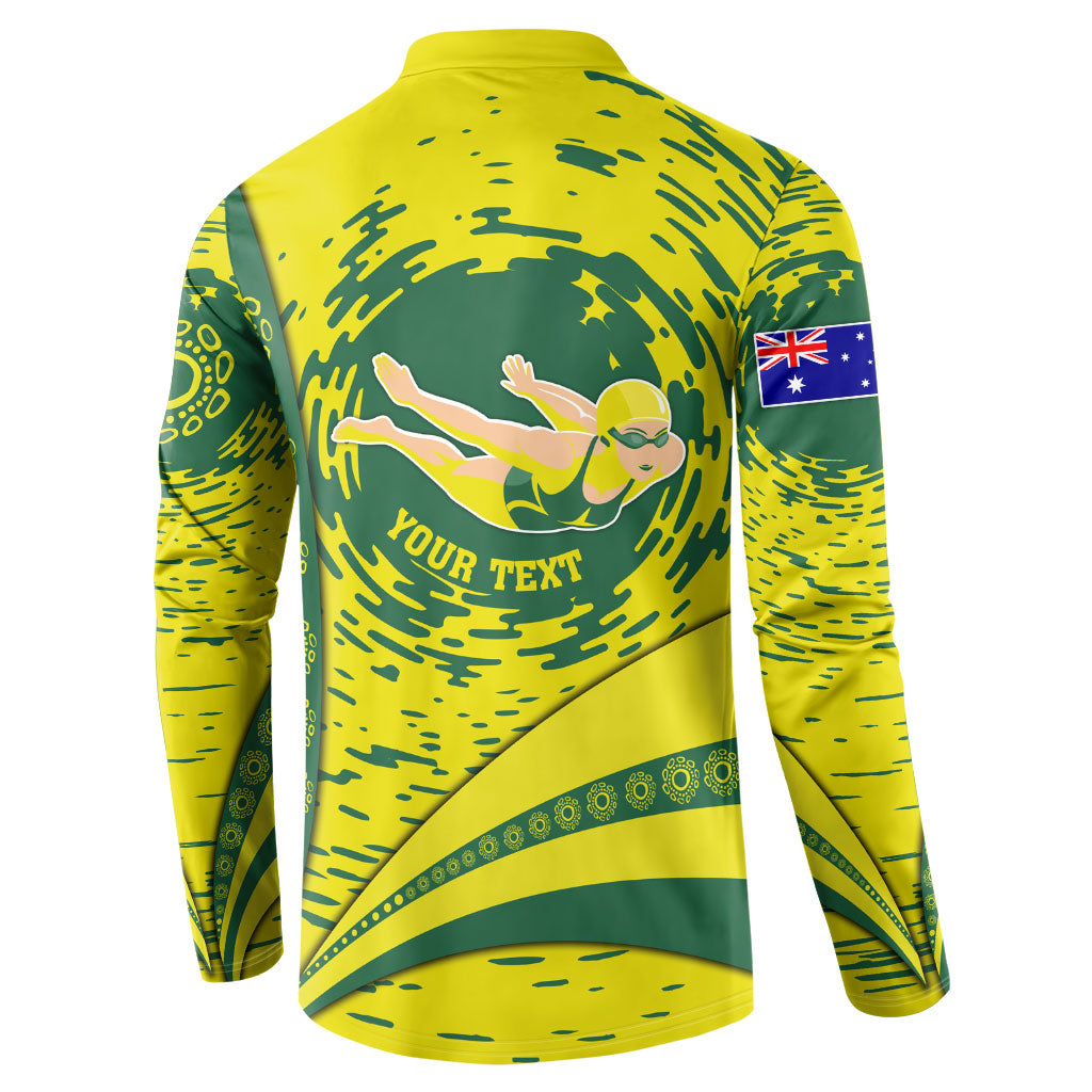 Personalized Australia Swimming Champion Button Sweatshirt Freestyle Swimmer With Swirling Wave And Cultural Patterns