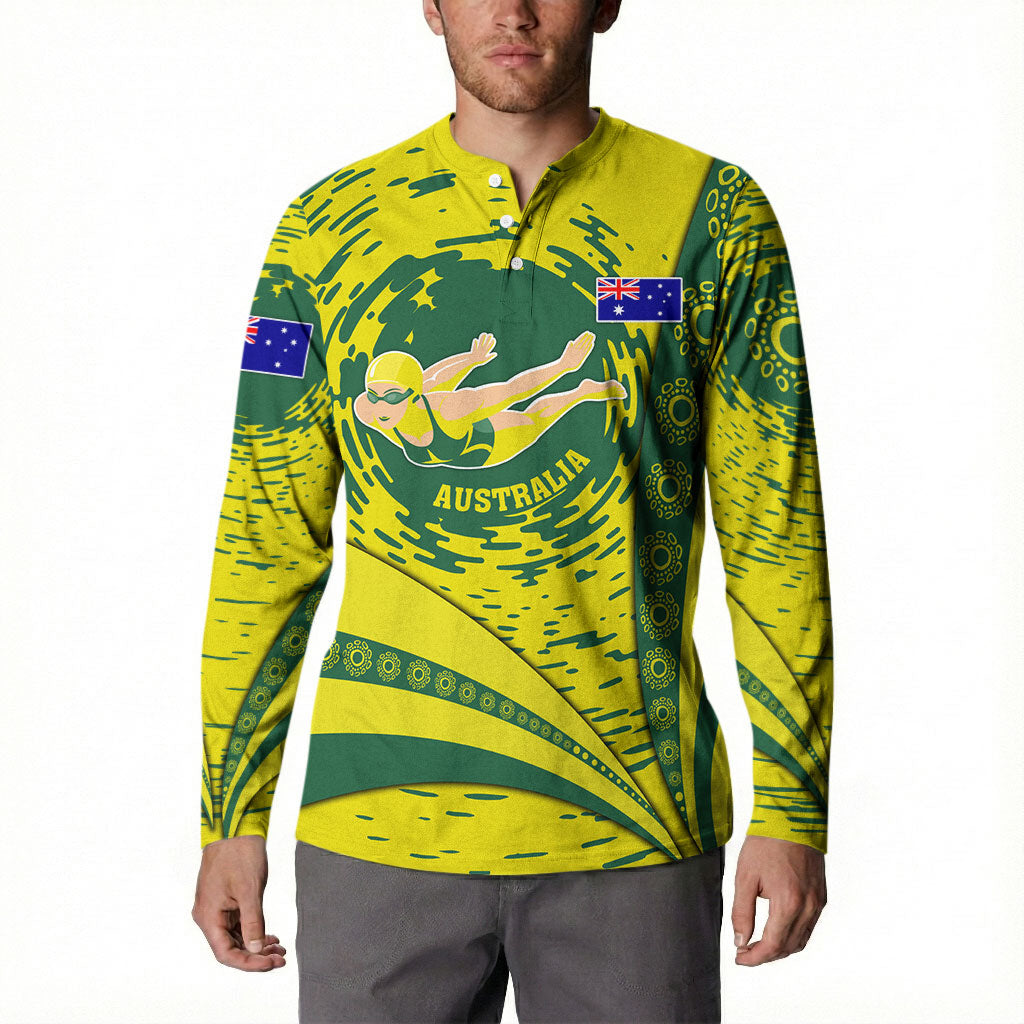 Personalized Australia Swimming Champion Button Sweatshirt Freestyle Swimmer With Swirling Wave And Cultural Patterns