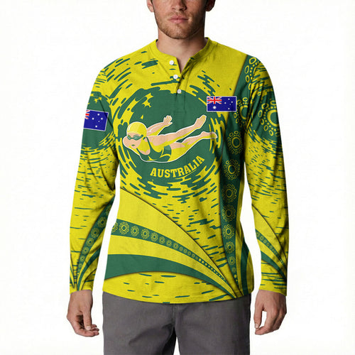 Personalized Australia Swimming Champion Button Sweatshirt Freestyle Swimmer With Swirling Wave And Cultural Patterns