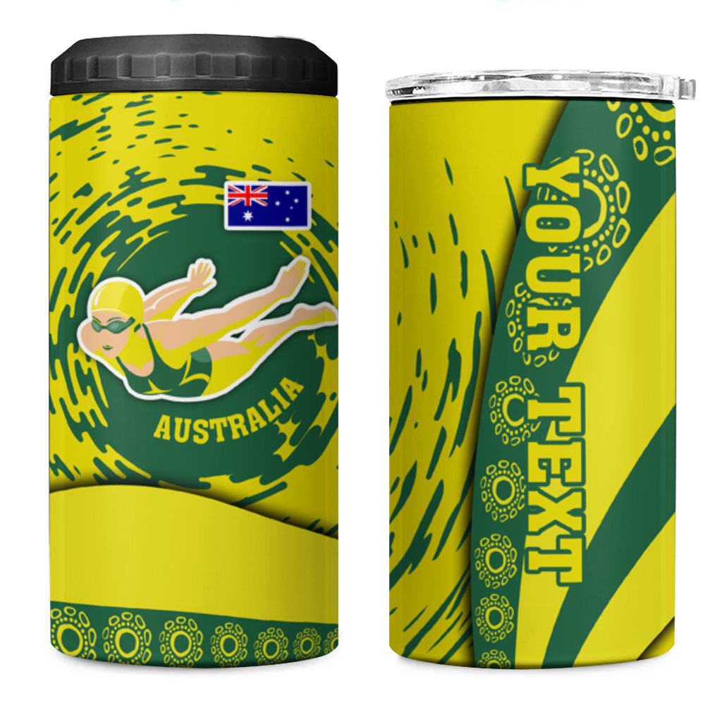 Personalized Australia Swimming Champion 4 in 1 Can Cooler Tumbler Freestyle Swimmer With Swirling Wave And Cultural Patterns