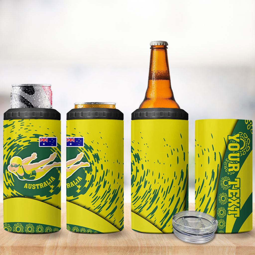 Personalized Australia Swimming Champion 4 in 1 Can Cooler Tumbler Freestyle Swimmer With Swirling Wave And Cultural Patterns