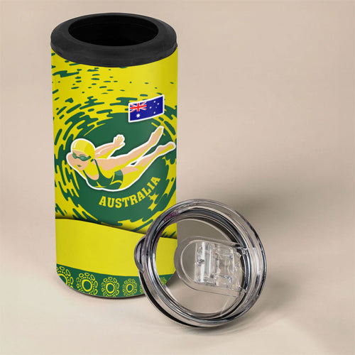 Personalized Australia Swimming Champion 4 in 1 Can Cooler Tumbler Freestyle Swimmer With Swirling Wave And Cultural Patterns