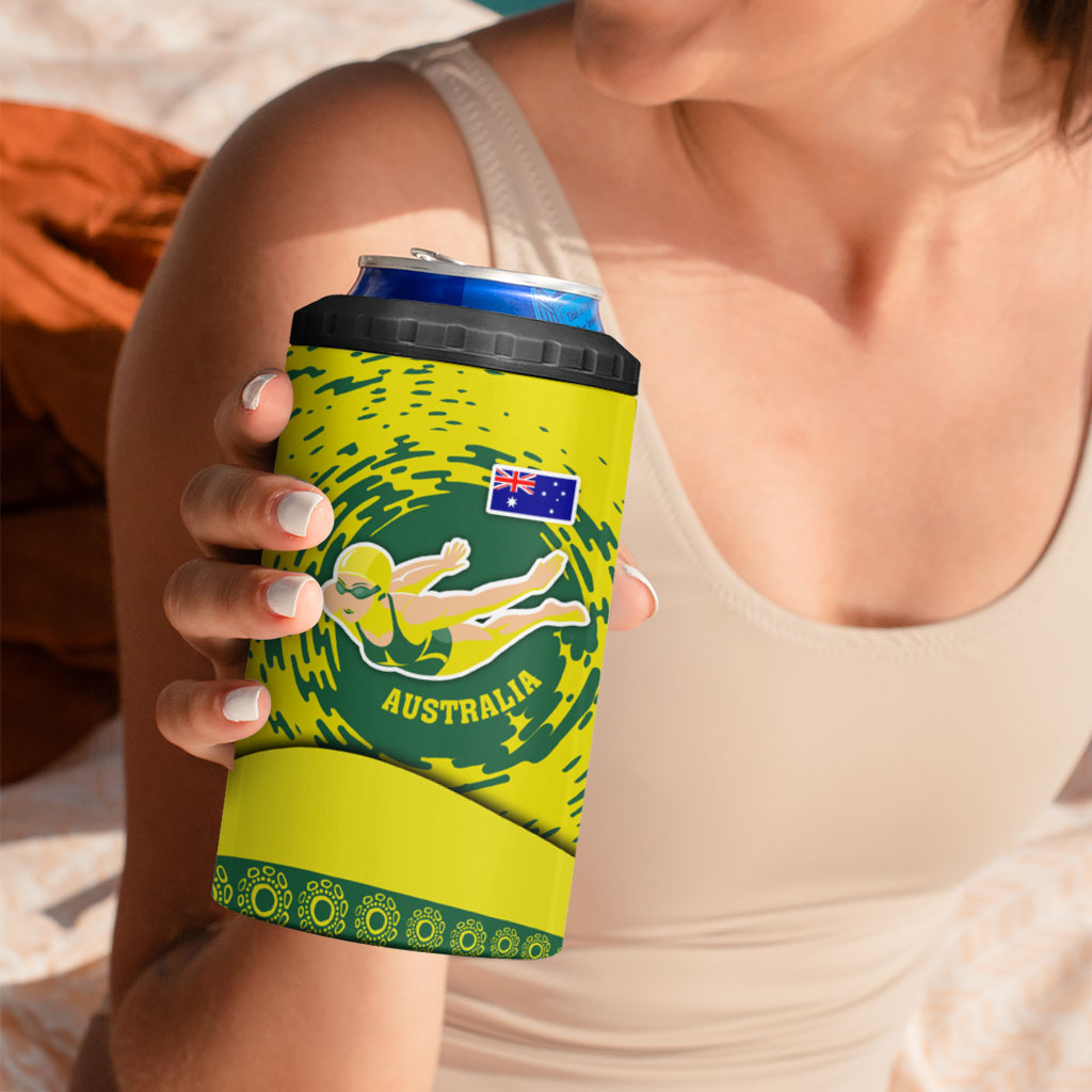 Personalized Australia Swimming Champion 4 in 1 Can Cooler Tumbler Freestyle Swimmer With Swirling Wave And Cultural Patterns