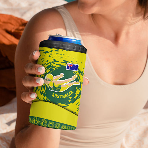 Personalized Australia Swimming Champion 4 in 1 Can Cooler Tumbler Freestyle Swimmer With Swirling Wave And Cultural Patterns