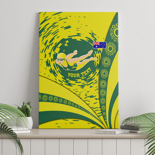 Personalized Australia Swimming Champion Canvas Wall Art Freestyle Swimmer With Swirling Wave And Cultural Patterns