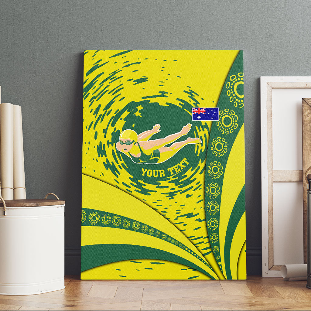 Personalized Australia Swimming Champion Canvas Wall Art Freestyle Swimmer With Swirling Wave And Cultural Patterns