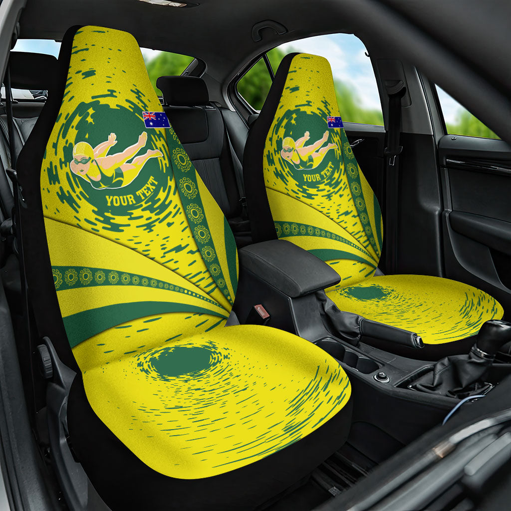Personalized Australia Swimming Champion Car Seat Cover Freestyle Swimmer With Swirling Wave And Cultural Patterns