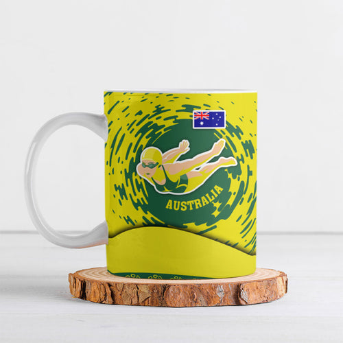 Personalized Australia Swimming Champion Ceramic Mug Freestyle Swimmer With Swirling Wave And Cultural Patterns