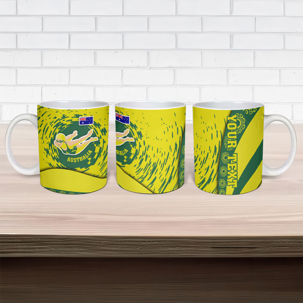 Personalized Australia Swimming Champion Ceramic Mug Freestyle Swimmer With Swirling Wave And Cultural Patterns