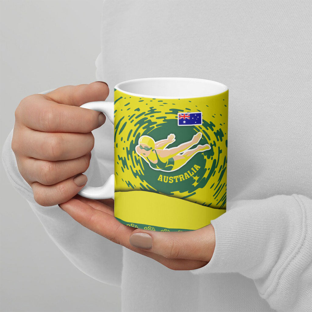 Personalized Australia Swimming Champion Ceramic Mug Freestyle Swimmer With Swirling Wave And Cultural Patterns